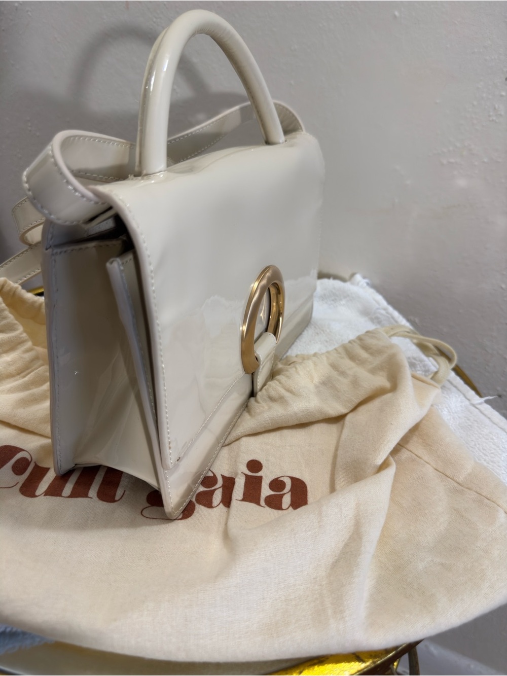 cult gaia Ivory Patent Leather Top-Handle Shoulder Bag with Gold Ring - Picture 3 of 5